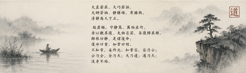 大直若屈，大巧若拙，大辯若訥。靜勝躁，寒勝熱。清靜為天下正。